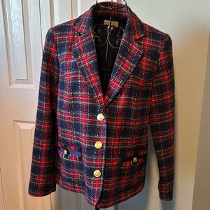 Beautiful acrylic and rayon jacket, red, blues, and gold.